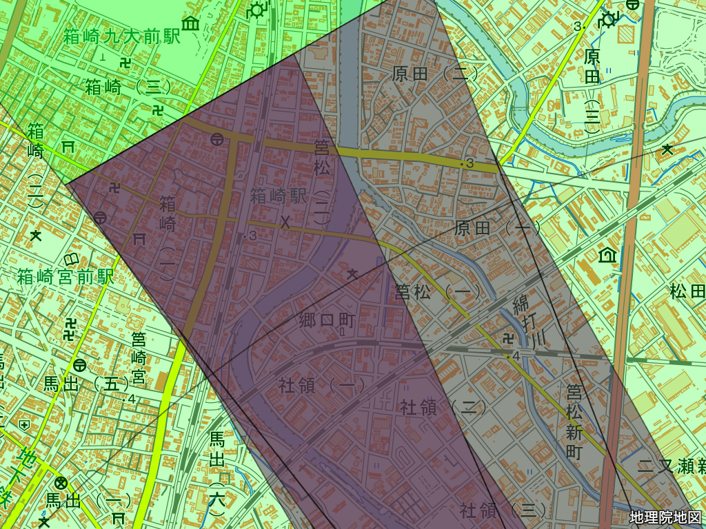 福岡空港の進入表面下に位置する筥松小学校の地図